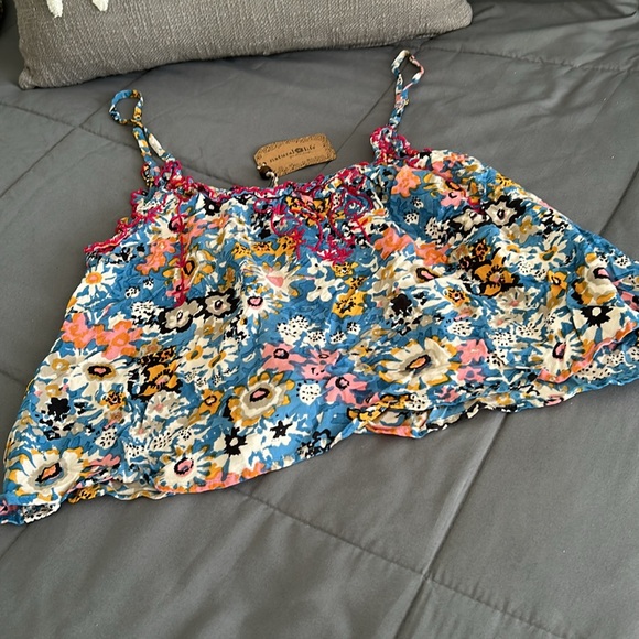 Natural Life S New Embroidered Harley Top Blue Tan Pink Floral Boho Tank Flower - Picture 6 of 8